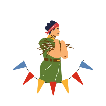 Boy wear scout uniform holding brushwood for campfire  Illustration