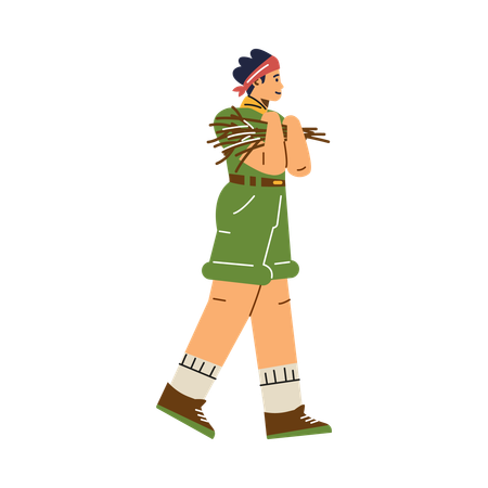 Boy wear scout uniform holding brushwood for campfire  Illustration