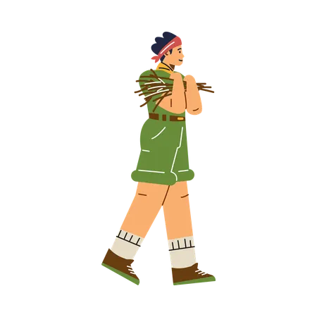 Boy wear scout uniform holding brushwood for campfire  Illustration