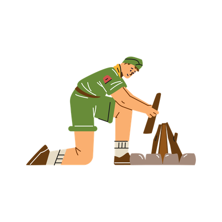 Boy wear scout uniform putting brushwood for campfire  Illustration
