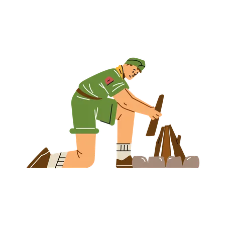 Boy wear scout uniform putting brushwood for campfire  Illustration