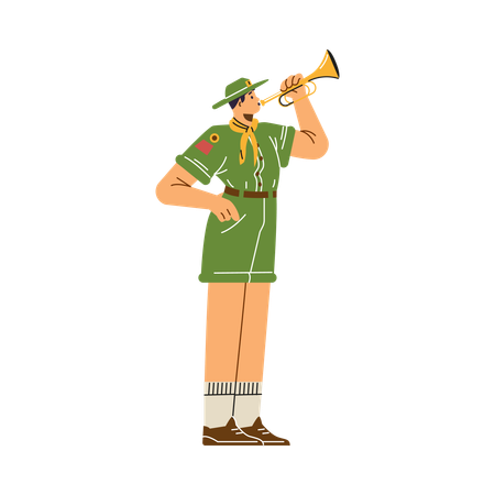 Boy wear scout uniform while blows trumpet fife  Illustration