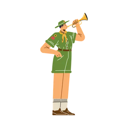 Boy wear scout uniform while blows trumpet fife  Illustration
