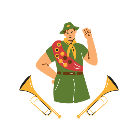 Boy wear scout uniform with badges and trumpet fifes  Illustration
