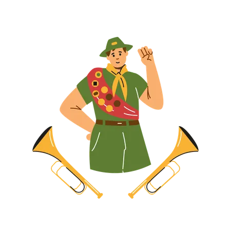 Boy wear scout uniform with badges and trumpet fifes  Illustration