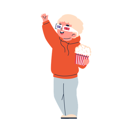 Boy wearing 3D glasses holds popcorn  Illustration