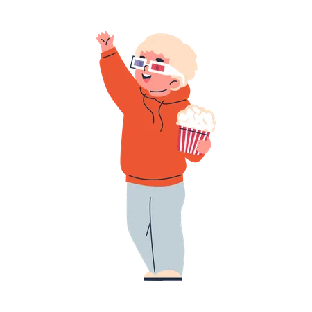 Boy wearing 3D glasses holds popcorn  Illustration