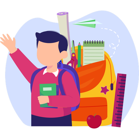 Boy wearing a backpack holding school supplies ready for a day at school  Illustration