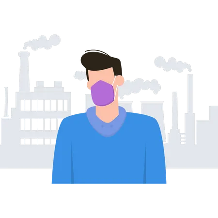 Boy wearing a mask avoids air pollution  Illustration