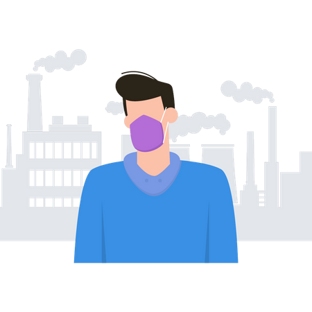 Boy wearing a mask avoids air pollution  Illustration