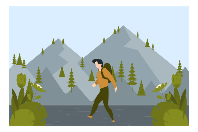 Boy Wearing Backpack Walking On Plateau Illustration