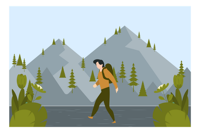 Boy Wearing Backpack Walking On Plateau  Illustration