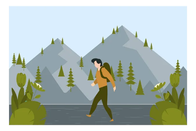 Boy Wearing Backpack Walking On Plateau  Illustration