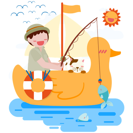 Boy wearing hat sit to fishing on duck shaped rubber raft Illustration
