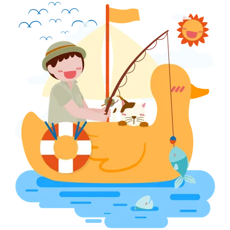 Boy wearing hat sit to fishing on duck shaped rubber raft Illustration