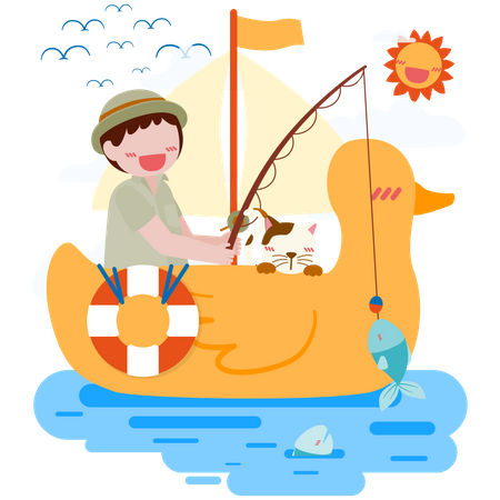 Boy wearing hat sit to fishing on duck shaped rubber raft  Illustration