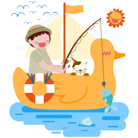 Boy wearing hat sit to fishing on duck shaped rubber raft  Illustration