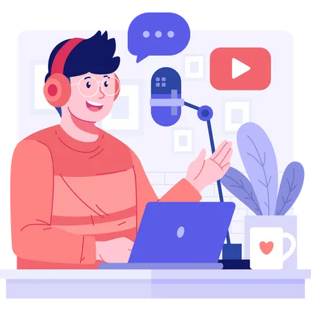 Boy wearing headphone and recording podcast  Illustration