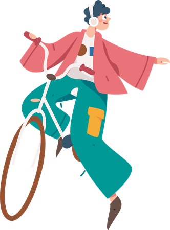 Boy wearing headphone and riding bicycle  Illustration