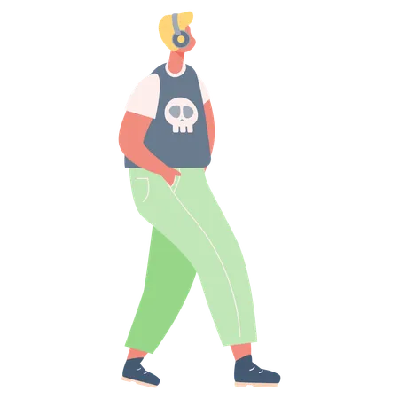 Boy wearing headphone and walking  Illustration