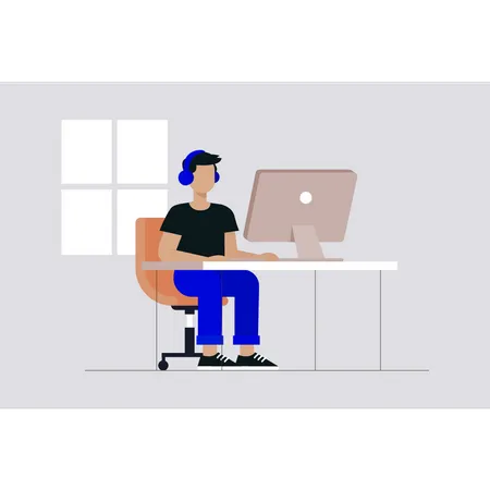 Boy wearing headphones using monitor Illustration