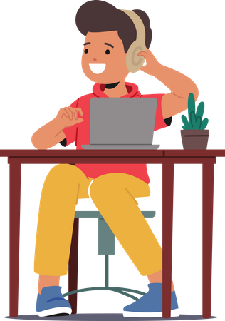Boy wearing headphones while sitting on desk  Illustration
