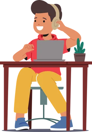 Child Boy Character Wearing Headphones Engrossed In Work At A Desk With A Laptop Immersing In Technology Learning And Exploring New Worlds Or Listening Classes Cartoon People Vector Illustration Illustration