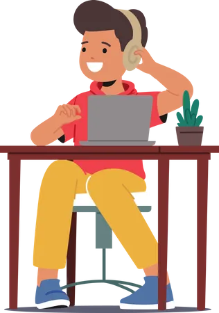 Boy wearing headphones while sitting on desk  Illustration