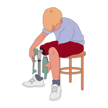 Boy wearing prosthetic leg Illustration