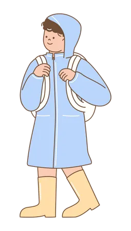 Boy Wearing Raincoat and Boots  Illustration
