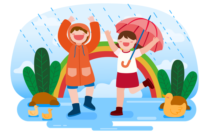 Boy wearing raincoat and girl holding umbrella enjoying rain  Illustration