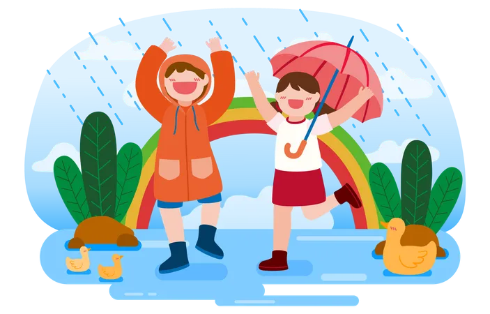 Boy wearing raincoat and girl holding umbrella enjoying rain  Illustration