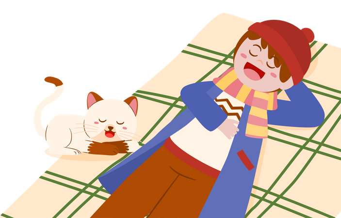 Boy wearing sweater and scarf lying on blanket  Illustration