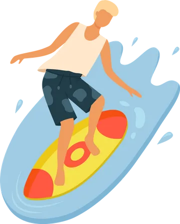 Male Surfer Balancing On Board Young Boy With Blonde Hair Wearing T Shirt And Shorts Surfing In Ocean Guy In Swimming Trunks Doing Water Sport Vector Summertime Activity Illustration