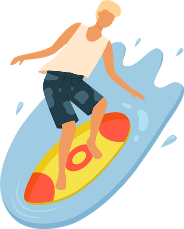 Boy Wearing T-shirt and Shorts Surfing  Illustration