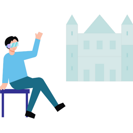 Boy wearing VR glasses looking at the castle Illustration