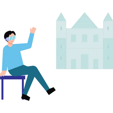 Boy wearing VR glasses looking at the castle Illustration