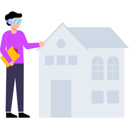 Boy wearing VR glasses looking at the house Illustration