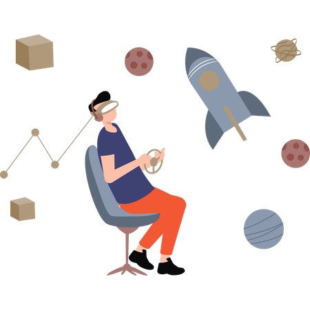 Boy wearing VR playing space game  Illustration