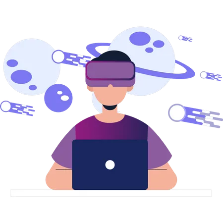 Boy Wearing VR Using Laptop Illustration
