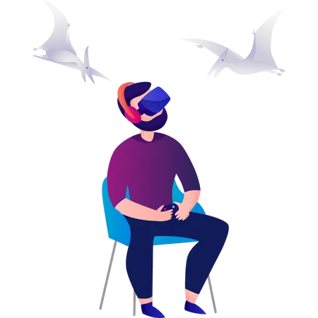 Boy Wearing VR Watching Birds Illustration