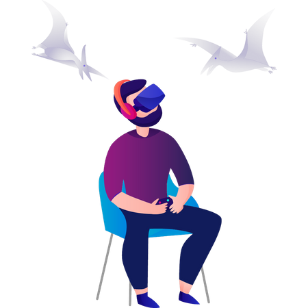 Boy Wearing Vr Watching Birds  Illustration