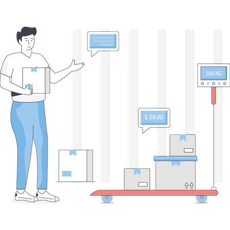 Boy weighing parcel box  Illustration