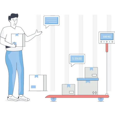 Boy weighing parcel box  Illustration