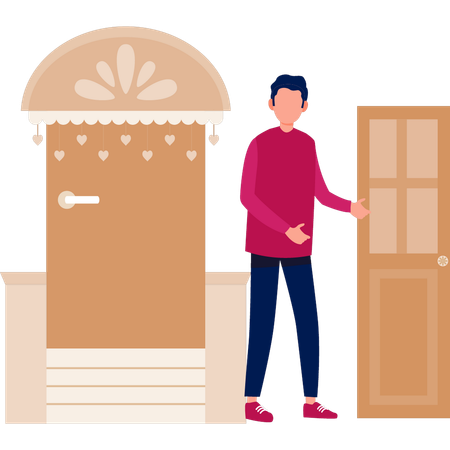 Boy welcome guest though door  Illustration