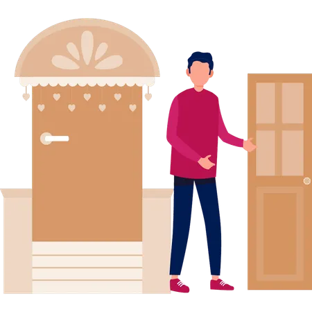 Boy welcome guest though door  Illustration