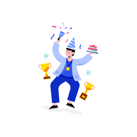 Boy win a medal and trophy Illustration