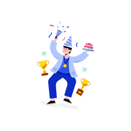 Boy win a medal and trophy Illustration