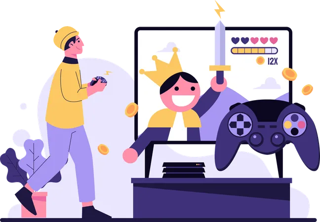 Illustration Of Win Playing Game Entering The World Of Fun And Games With Dynamic Flat Illustrations And Colorful Visuals In Keeping With The Dynamic Theme These Illustrations Add A Modern Lively Touch To Your Content Ideal For Gaming Platforms Apps Or Game Promotional Materials Illustration