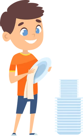 Boy wiping dishes Illustration
